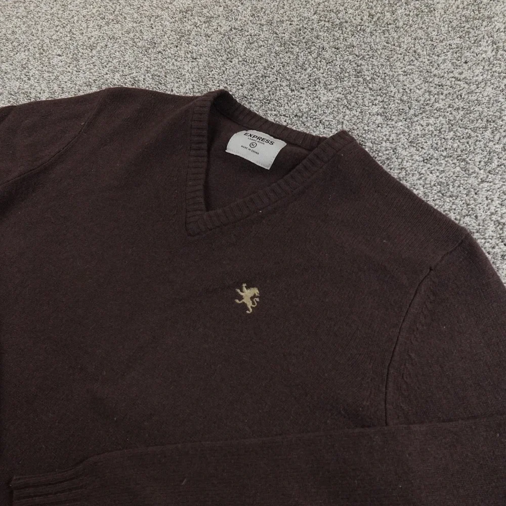 Express Sweater Mens XL Brown Lambswool V Neck Knit Pullover Cozy Warm‎ Grandpa